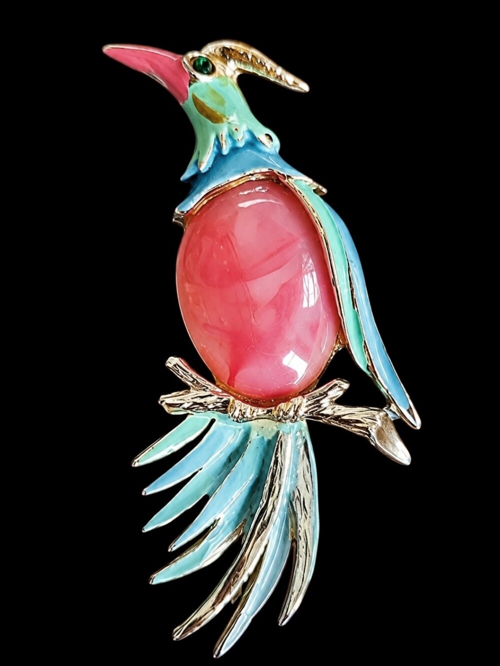 Vintage Bird Parrot Enameled Lucite Cabochon Rhodium Plate Jelly Belly Brooch